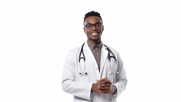 A doctor with a stethoscope on his neck stands in front of a white background