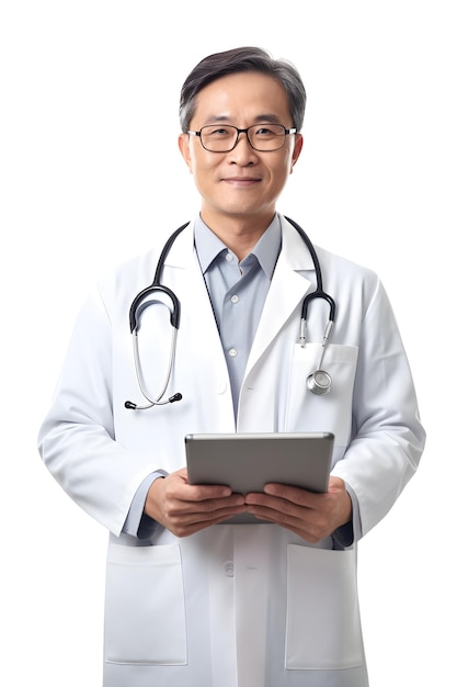 A doctor with a stethoscope on his neck stands in front of a white background.