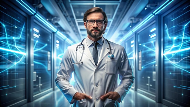 a doctor with a stethoscope on his neck stands in a hospital room