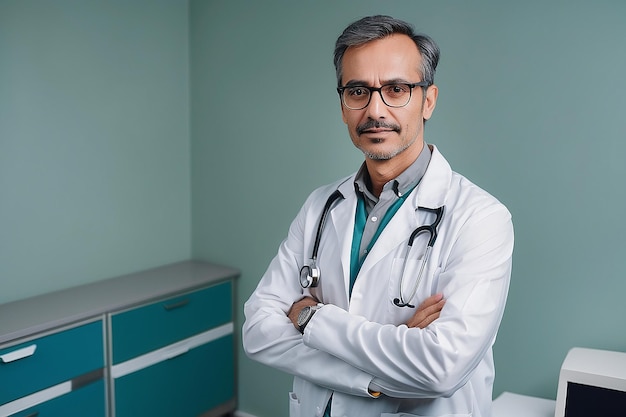 A doctor with a stethoscope on his neck stands with his arms crossed