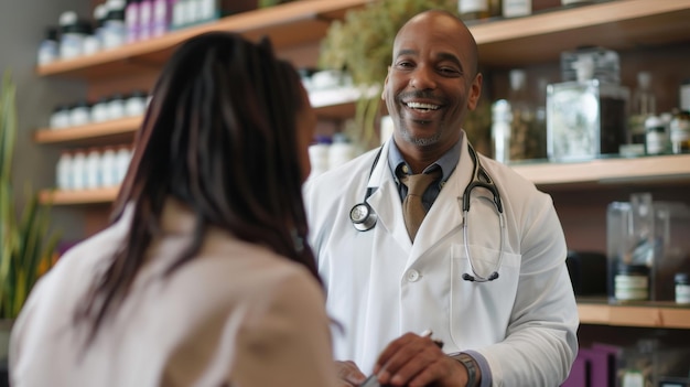 A doctor with a stethoscope smiles warmly while engaging with a patient in a modern clinic setting