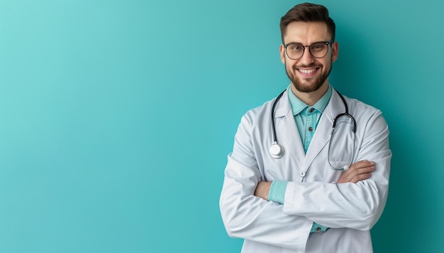 Photo doctor with stethoscope and smiling face with copy space national doctors day concept image