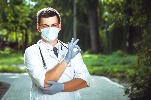 Doctor with stethoscope standing outside