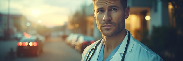 Doctor with Stethoscope in Urban Setting Healthcare Professional with Cityscape Background