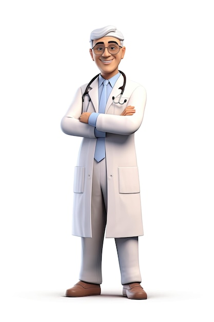 A doctor with a white coat and a blue tie stands in front of a white background.