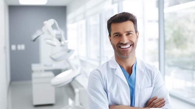 doctor with a white lab coat and blue scrubs