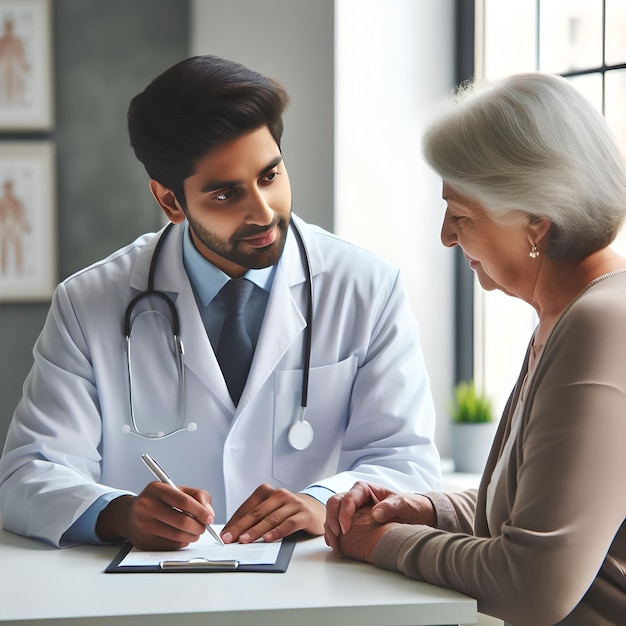 a doctor and a woman are looking at a document