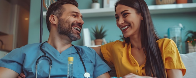 a doctor and a woman are looking at each other and smiling