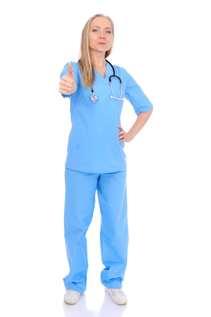 Doctor woman or nurse isolated over white background. Cheerful smiling medical staff representative. Medicine concept.