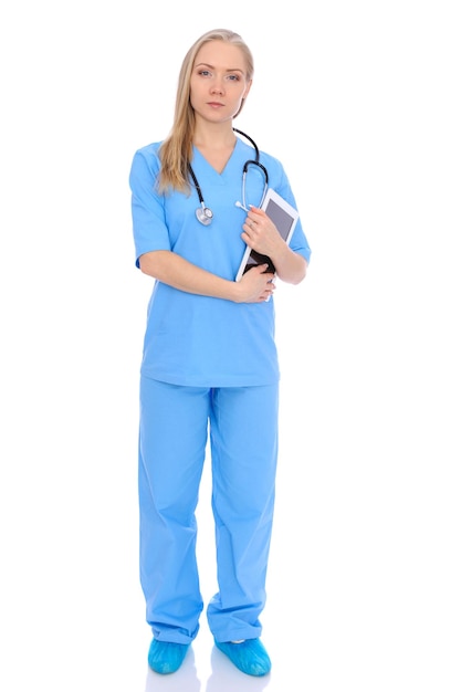 Doctor woman or nurse isolated over white background. Cheerful smiling medical staff representative. Medicine concept.