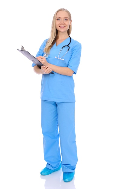 Doctor woman or nurse isolated over white background. Cheerful smiling medical staff representative. Medicine concept.