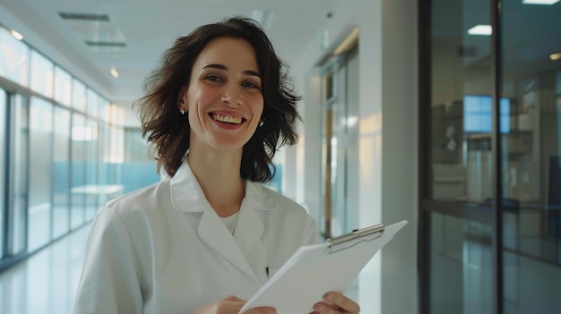 Doctor woman and portrait smile with checklist in hospital for research or wellness report Healthcare clinic Ai generated