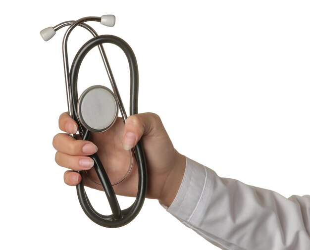 Doctor woman's hand is holding a stethoscope on white isolated background hand gestures