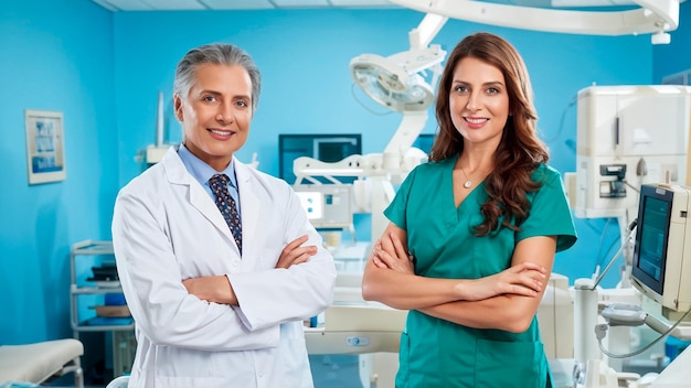 a doctor and a woman standing in front of a medical poster