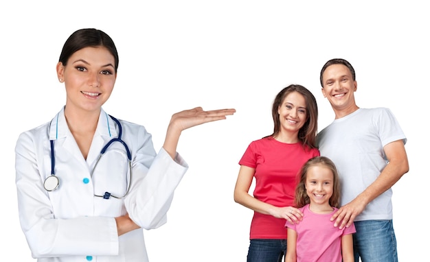 Doctor woman with happy  family of mother,father and  daughter