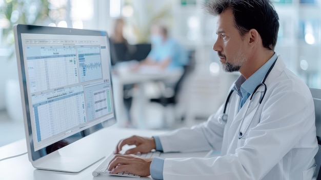 Photo doctor working on computer in hospital