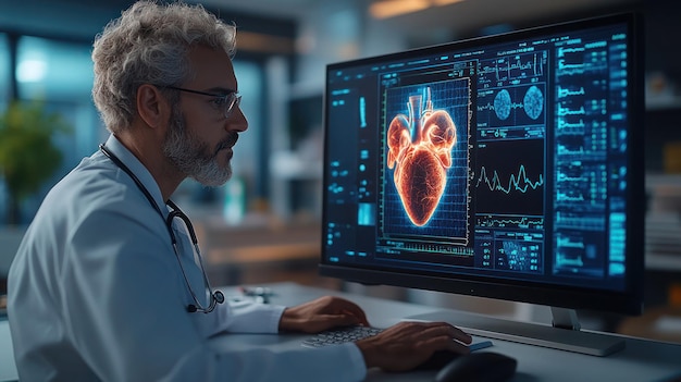 Photo doctor working on a computer with a heart drawn on the screen