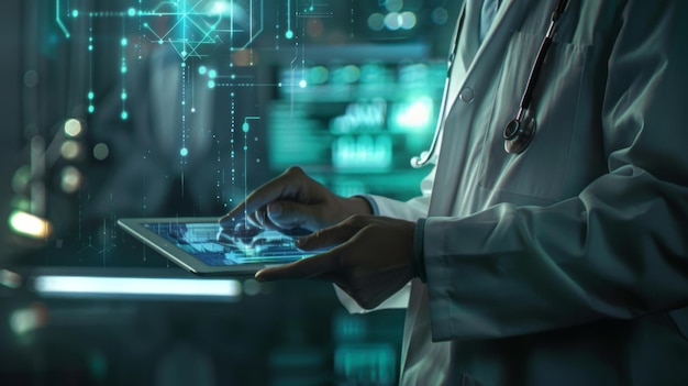 Doctor working on a digital tablet with digital background as concept