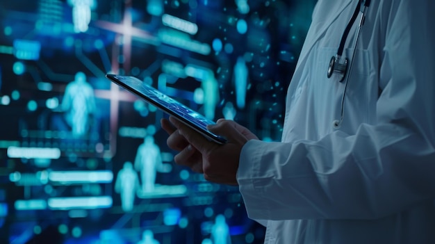 Doctor working on a digital tablet with digital background as concept