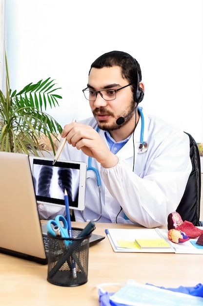 Doctor working from clinic on a video call