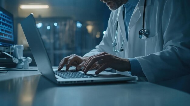 Doctor Working on Laptop in Hospital