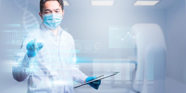 Doctor working with clipboard of medication history records and touch Futuristic screen. Perfect medical service in hospital.