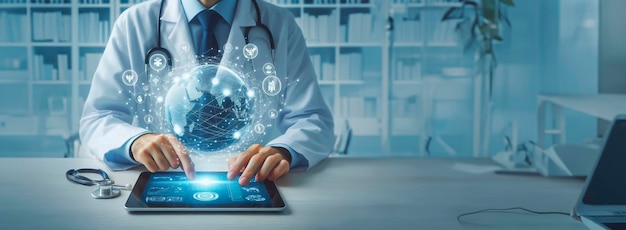 a doctor works on a tablet with a digital tablet in the background