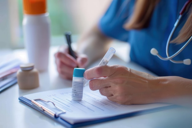 Photo doctor writes prescription for asthma inhaler to asthmatic patient during medical consultation and e