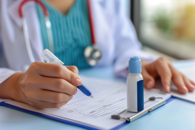 Doctor writes prescription for asthma inhaler to asthmatic patient during medical consultation and e