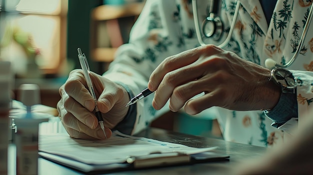 a doctor writes a prescription for pills to a patient Selective focus