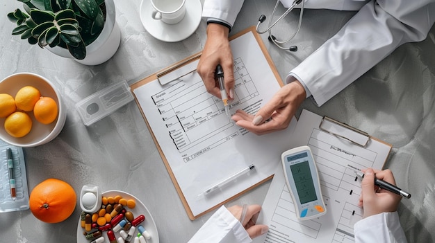 Photo doctor writing medical plan with prescription