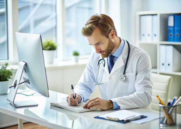 Photo doctor writing a prescription medical professional at work