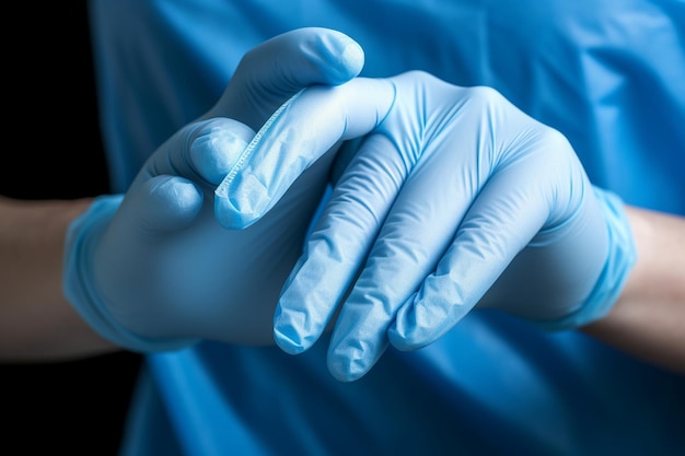 DoctorAAAAAAs hand is wearing a blue sterile rubber glove holding an object