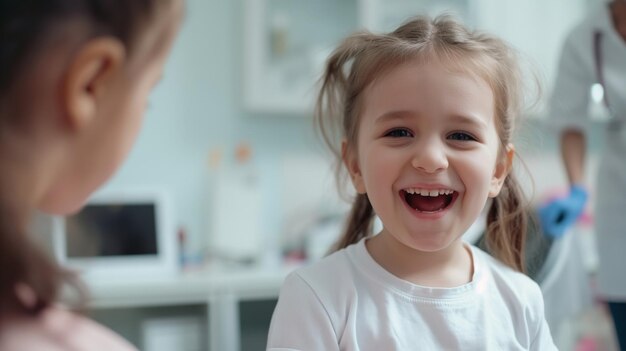 At the doctors appointment Happy kid girl in white tshirt