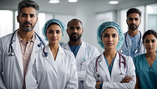 doctors are looking at camera while standing in hospital with arms crossed male and female doctors