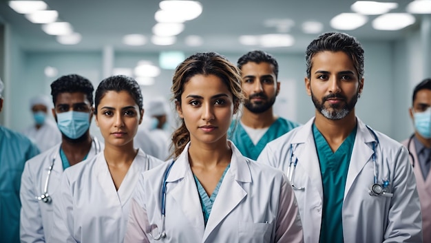 doctors are looking at camera while standing in hospital with arms crossed male and female doctors