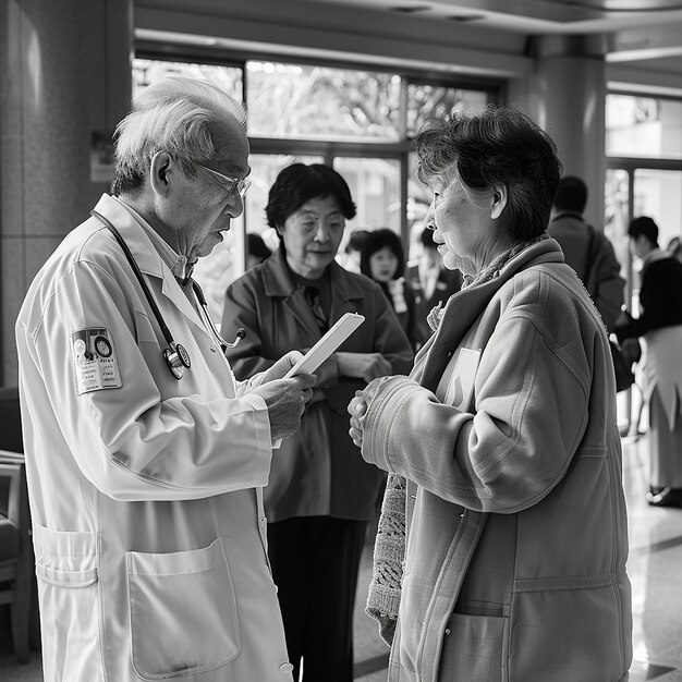 Photo doctors chatting with elderly people in the background