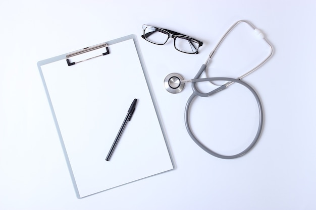 Doctors desk top view set of different doctor accessories