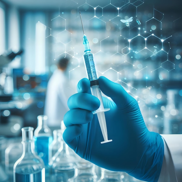 doctors hand in a blue medical glove holds a syringe on a blurred laboratory background