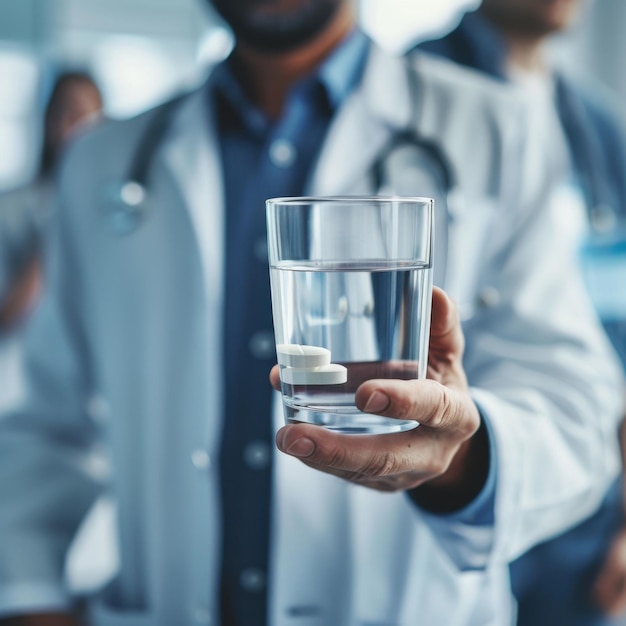 A Doctors Hand Holding a Glass of Water With Pills Inside Generative AI