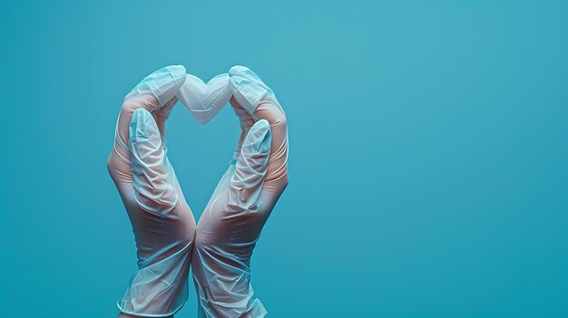 Photo doctors hands in medical gloves forming heart shape on blue banner background