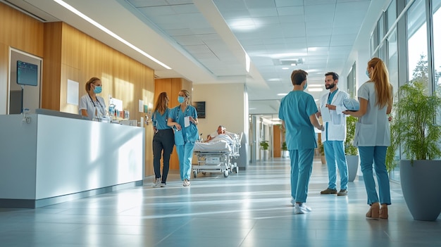 Photo doctors in a hospital corridor with a patient in the background