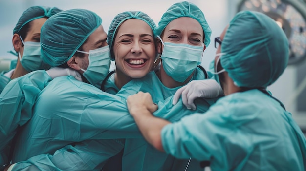 doctors hug after a successful operation and rejoice