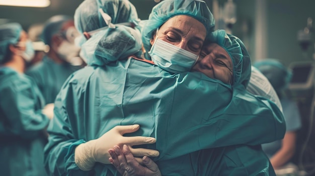 doctors hug after a successful operation and rejoice