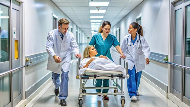 Doctors and nurse pushing female patient on stretcher at corridor in hospital