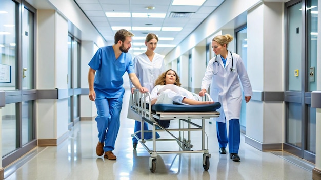 Doctors and nurse pushing female patient on stretcher at corridor in hospital