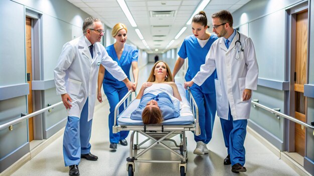 Photo doctors and nurse pushing female patient on stretcher at corridor in hospital