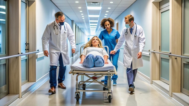 Doctors and nurse pushing female patient on stretcher at corridor in hospital