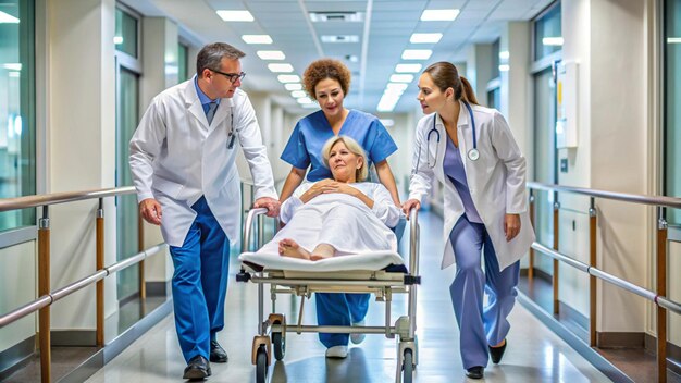 Doctors and nurse pushing female patient on stretcher at corridor in hospital