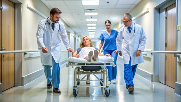 Doctors and nurse pushing female patient on stretcher at corridor in hospital